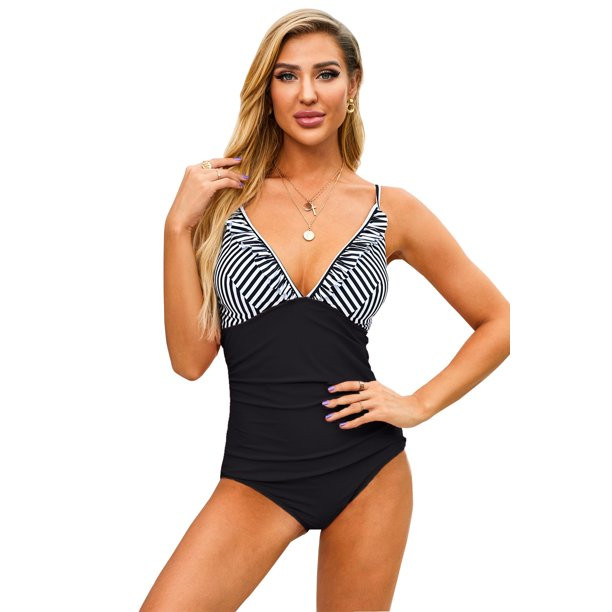 Juniors' Swimsuit Celebrity Black Ruffle V Neck Patchwork One Piece Swimwear (multicolor, medium)... | Walmart (US)