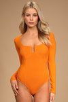 Winning Looks Bright Orange Ribbed Long Sleeve Bodysuit | Lulus (US)