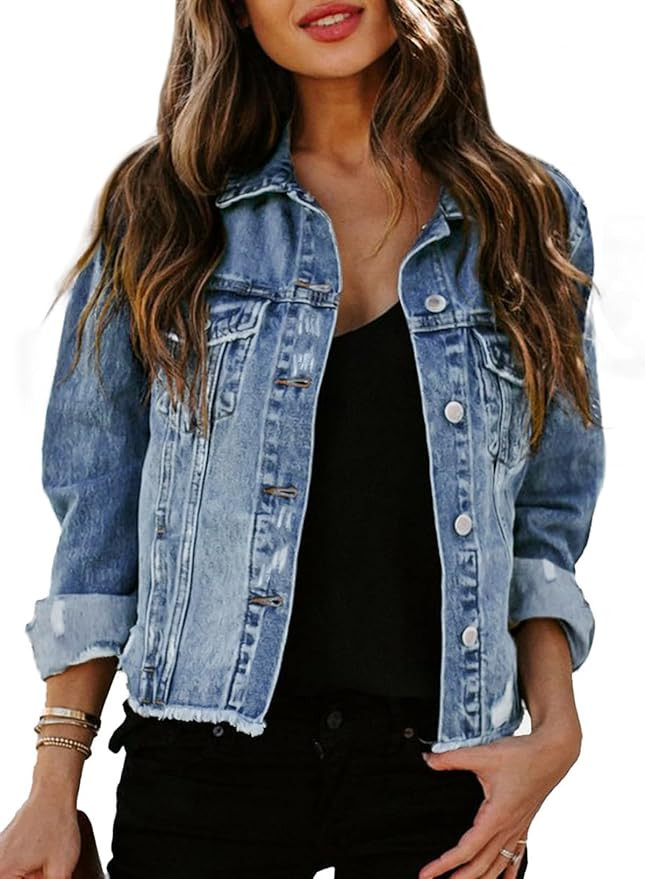 Sidefeel Women's Denim Jacket Long Sleeve Button Distressed Ripped Zimbaplatinum Jean Coat | Amazon (US)