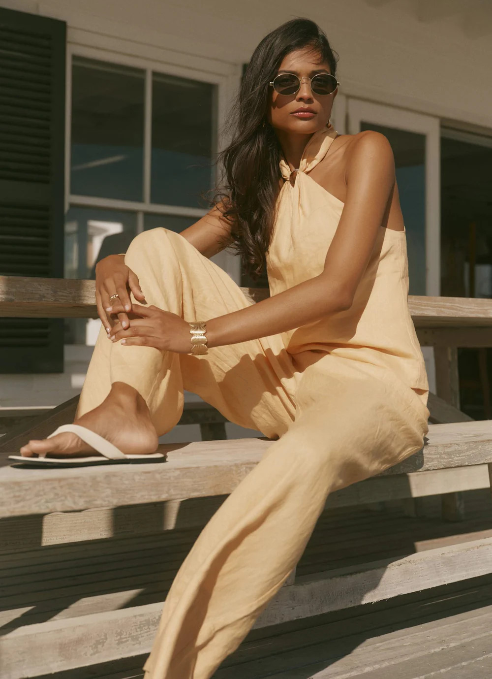 Yellow Linen Drawstring Wide Leg Trousers | Mint Velvet