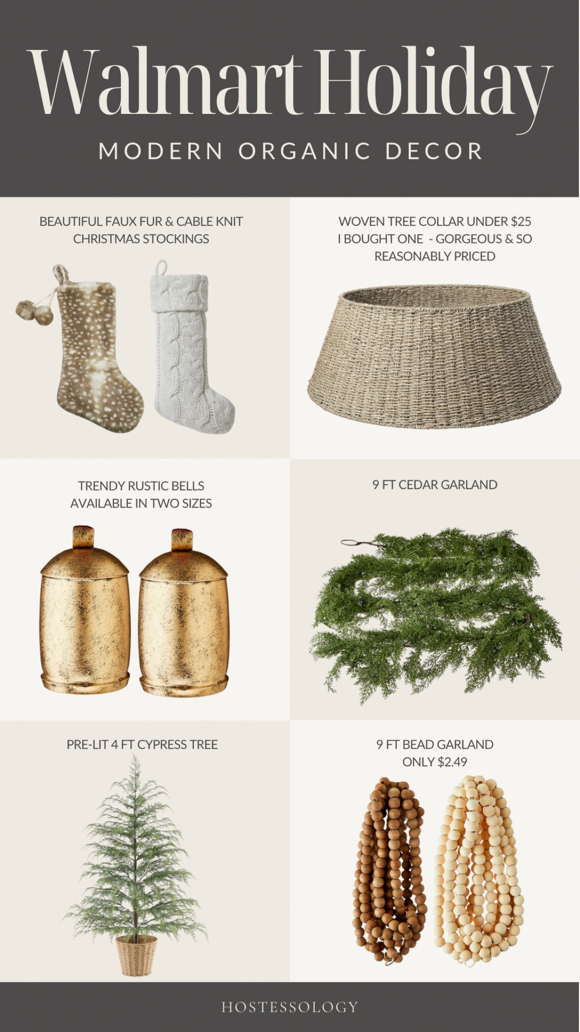 Modern organic Christmas decor at Walmart 🌲 including a pre-lit cypress tree, rustic bells, cable knit stockings, woven tree skirt, cedar garland, and wood bead garland🤎

#LTKHoliday #LTKHome #LTKFindsUnder100