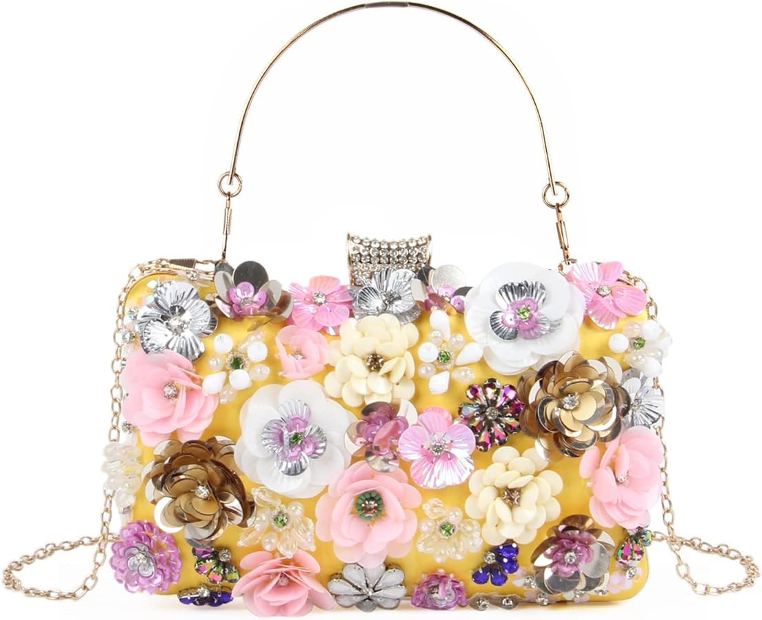 Fecialy Women's Floral Evening Handbags Colorful Rhinestone Clutch Purses Floral Bride Wedding Ha... | Amazon (US)