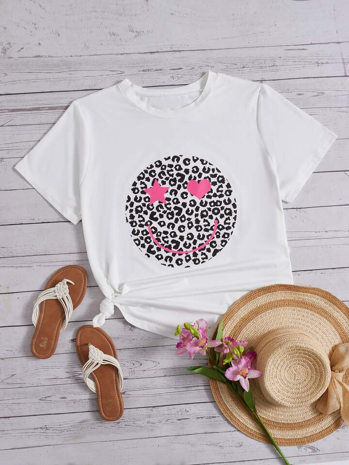 SHEIN LUNE Plus Leopard & Cartoon Face Print Tee | SHEIN
