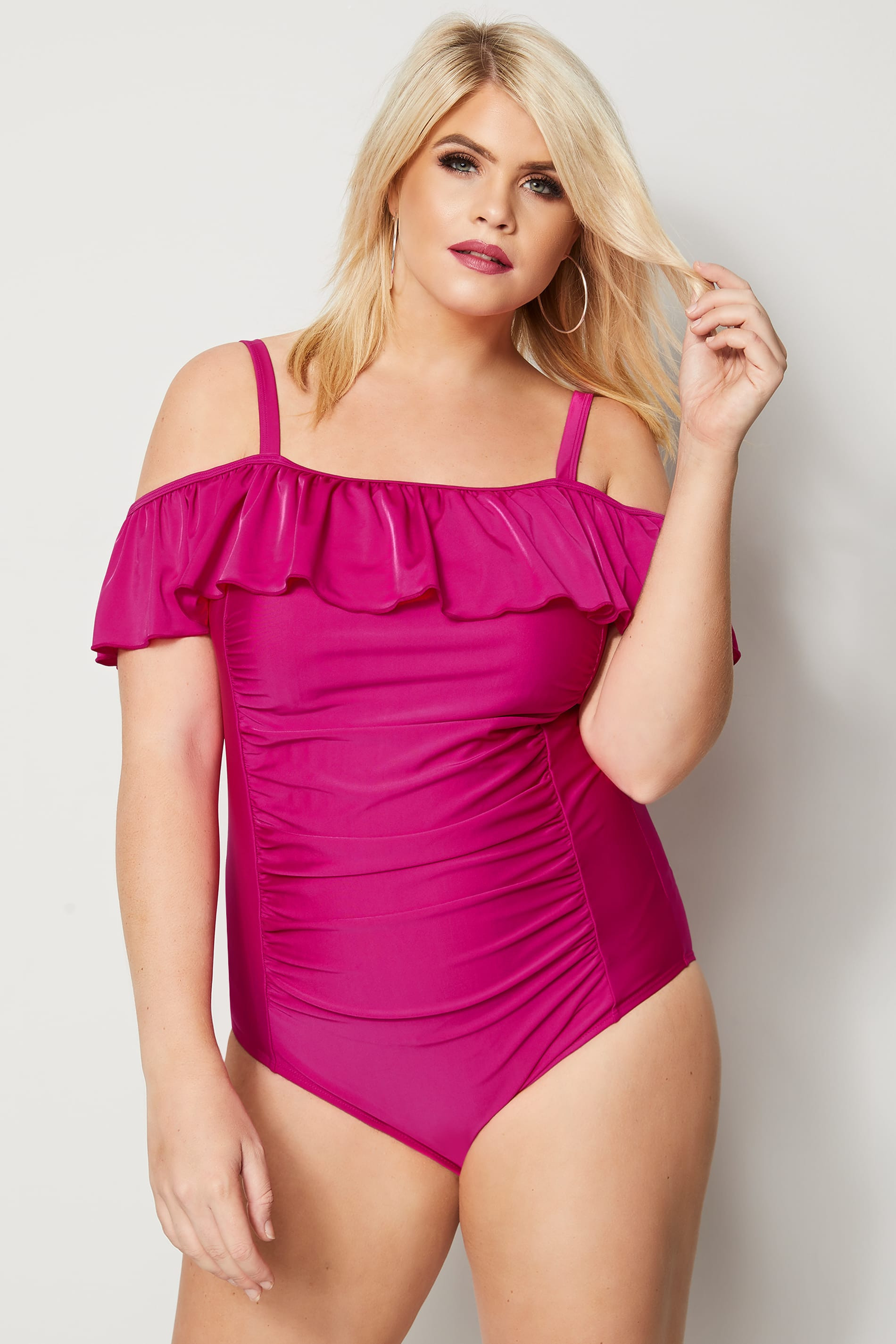 GroBe GröBen Pinker schulterfreier Badeanzug mit Rüschen YC | Yours Clothing DE & FR