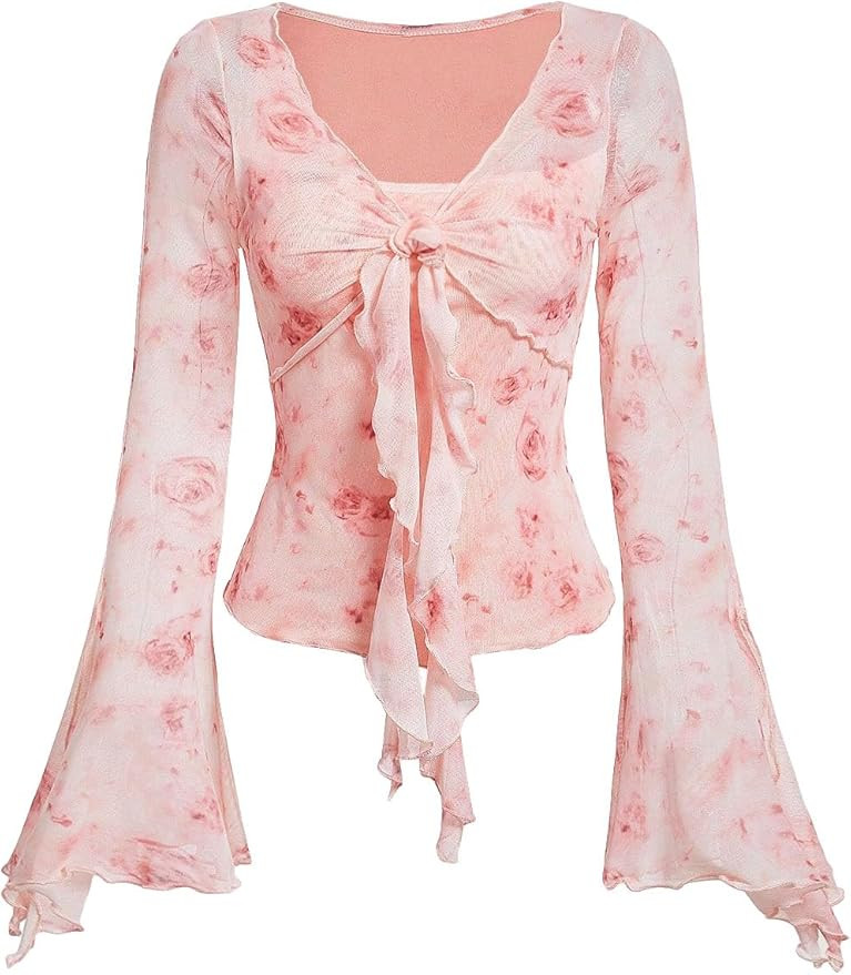 Verdusa Women's Lettuce Trim Floral Print Mesh Tie Front Long Sleeve Tee Shirt Top | Amazon (US)