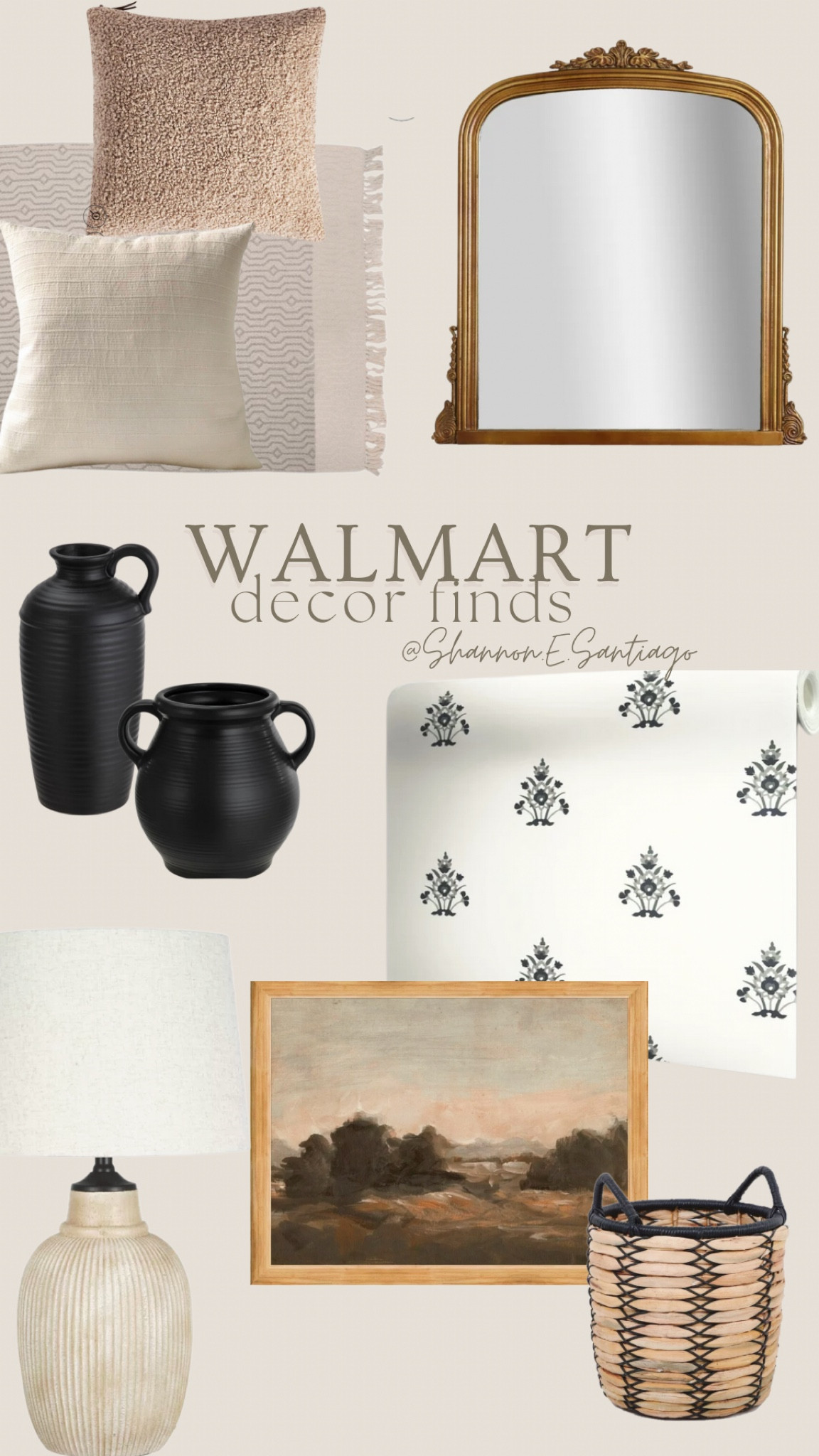 Walmart decor finds, budget finds, modern vintage style, table lamp, gold mirror, anthropologie dupe, block print wallpaper, boucle pillow, pottery barn dupe, amber interiors style

#LTKhome #LTKsalealert #LTKunder100