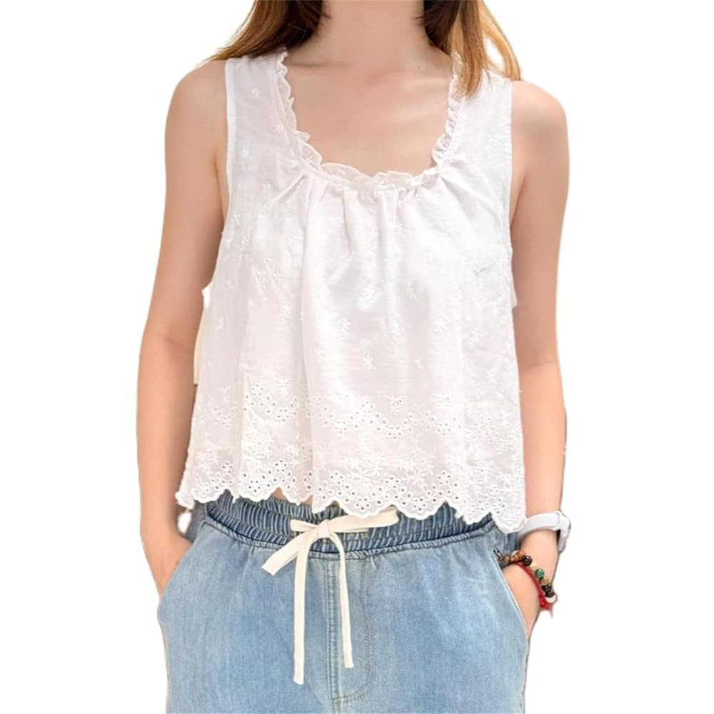 Women Cute Cutout Eyelet Tank Top Fairy Cottagecore Sleeveless Scallop Trim Pleated Peplum Camiso... | Amazon (US)