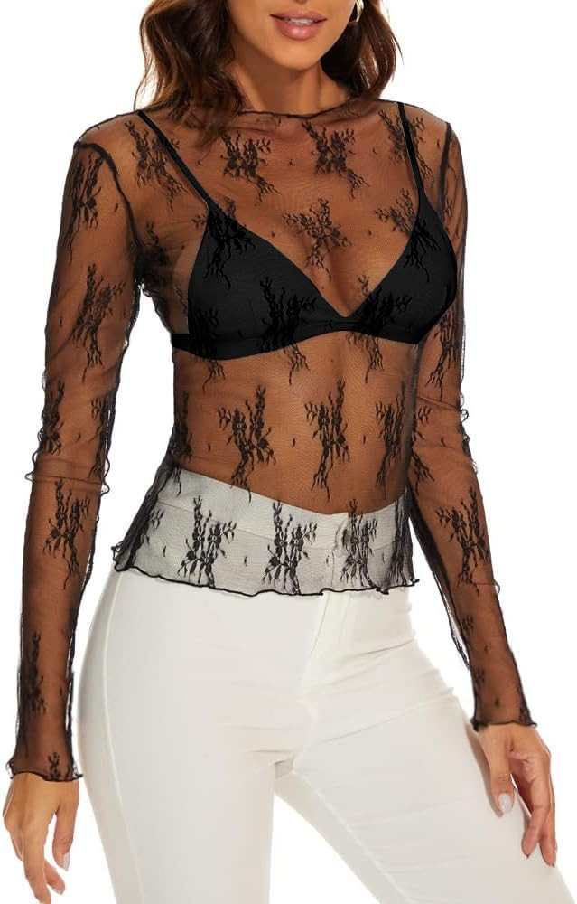WIHOLL Womens Mesh Sheer Tops Sexy Crew Neck Summer Loose FIt Party Clubwear Shirts | Amazon (US)