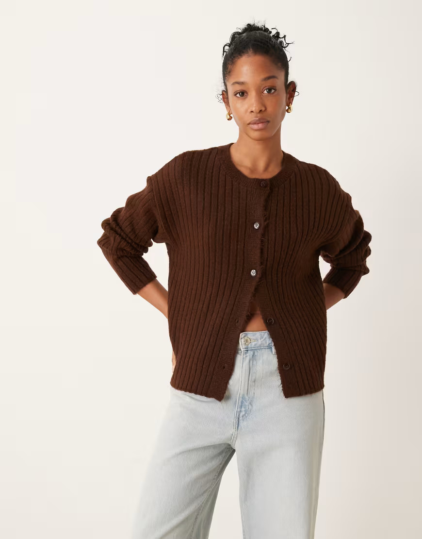 ASOS DESIGN fluffy ribbed oversized cardigan in brown | ASOS (Global)