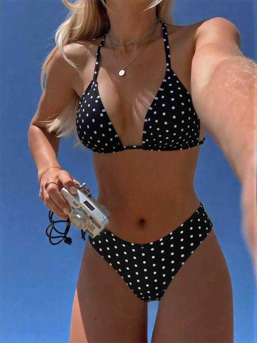 Swim Mod 2026 Spring/Summer Women's Spaghetti Strap Halter Neck Black Base White Polka Dot Random... | SHEIN