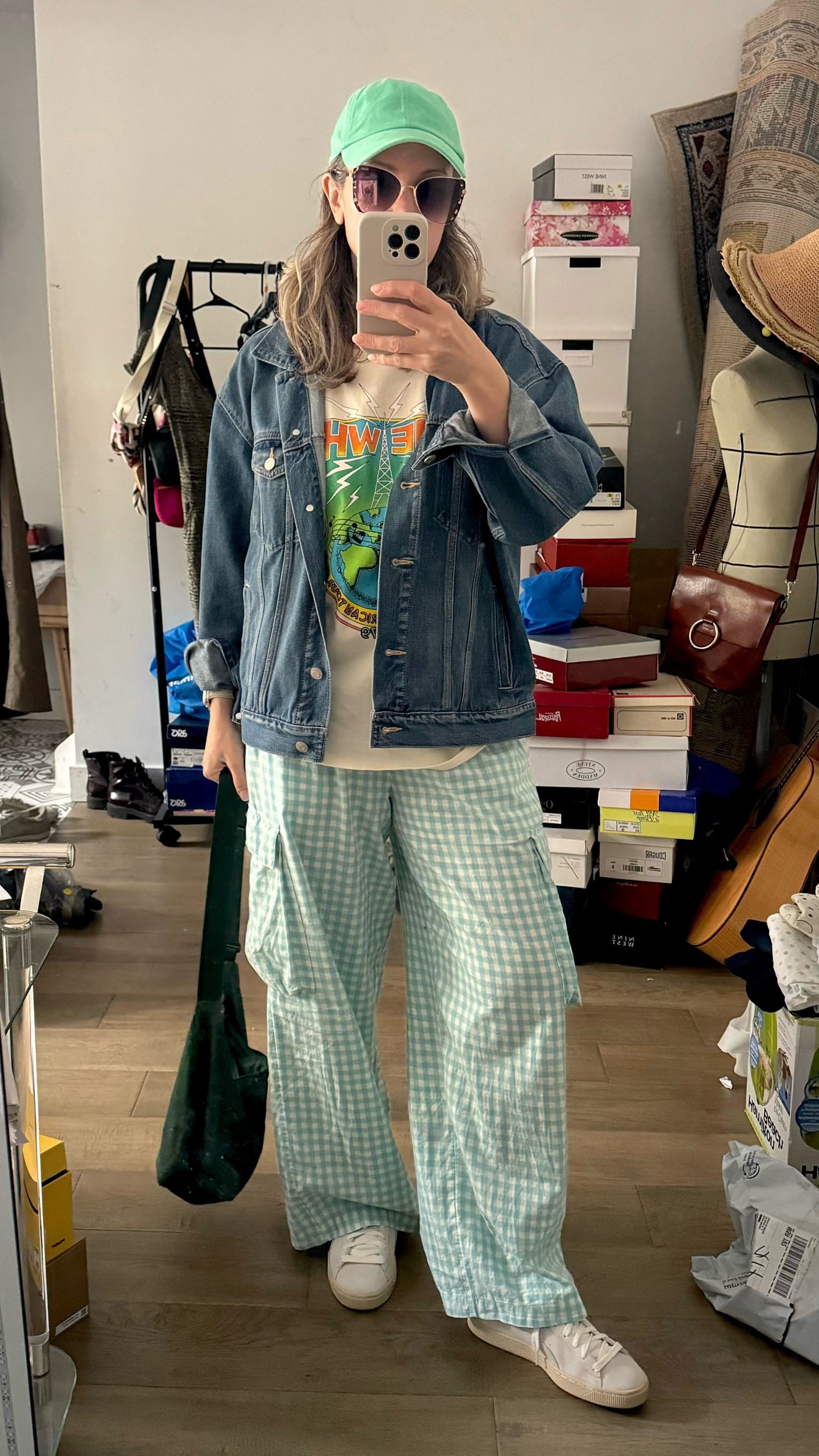 Gingham pj pants as…pants with an oversized graphic tee, oversized denim jacket and Puma suede classic sneakers  

#LTKFindsUnder50 #LTKOver40