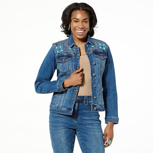 DG2 by Diane Gilman Legacy Embllishd Stretch Denim Jean Jacket - Blue - Size 1X | HSN