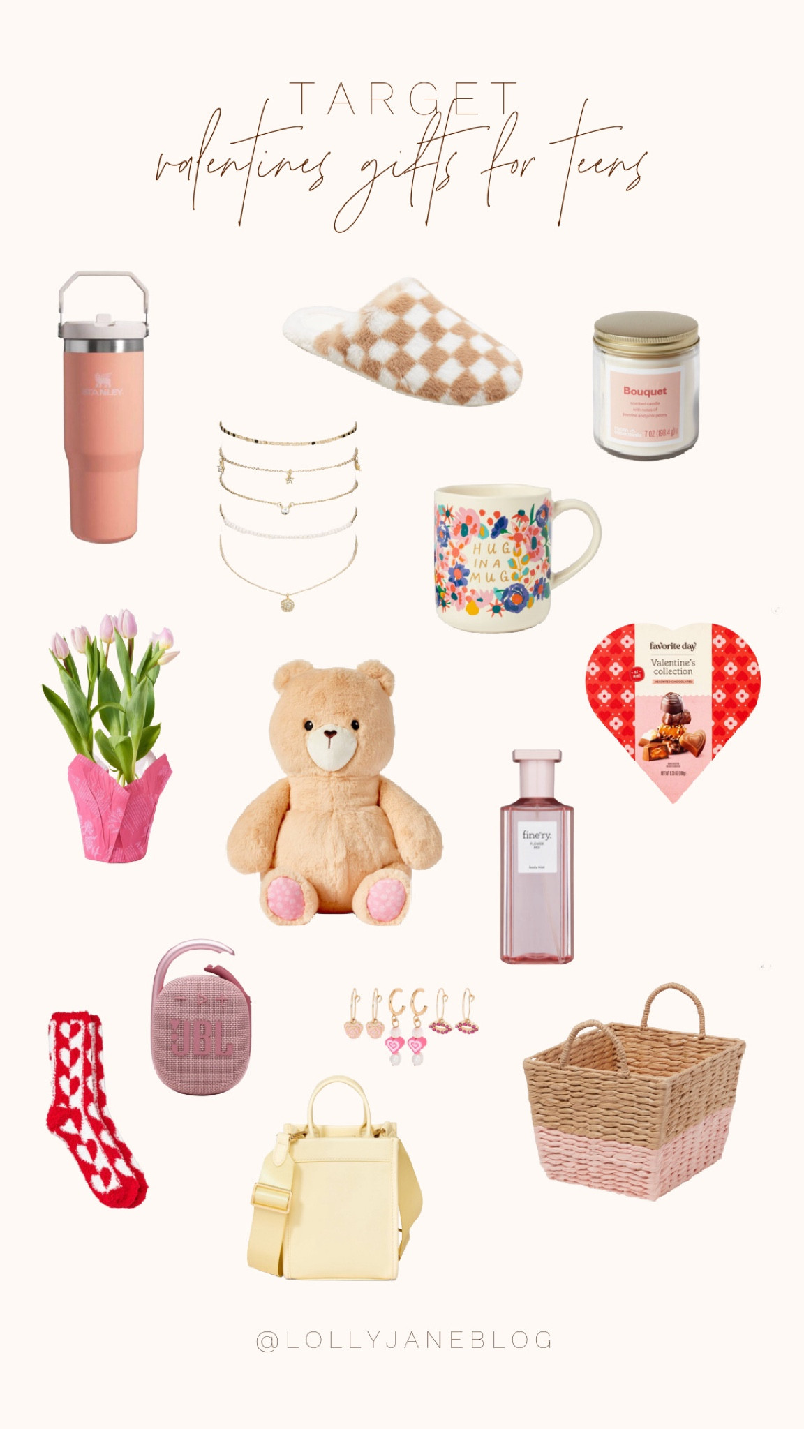 Target Valentines gifts for teens and tweens! Target has some adorable options for your teenagers for Valentines Day! Sometimes those teens can be hard to shop for, but these adorable options are perfect for most of those stubborn teens. A stanley is always a must have for high schoolers, body spray, handbag, baskets, gold jewelry, slippers, fuzzy socks, and a JBL speaker are so good for any school bag. Adorable mugs, a teddy bear, and some flowers are the Valentines Day classics! 🫶🏻🫶🏻

#LTKGiftGuide #LTKkids #LTKSeasonal