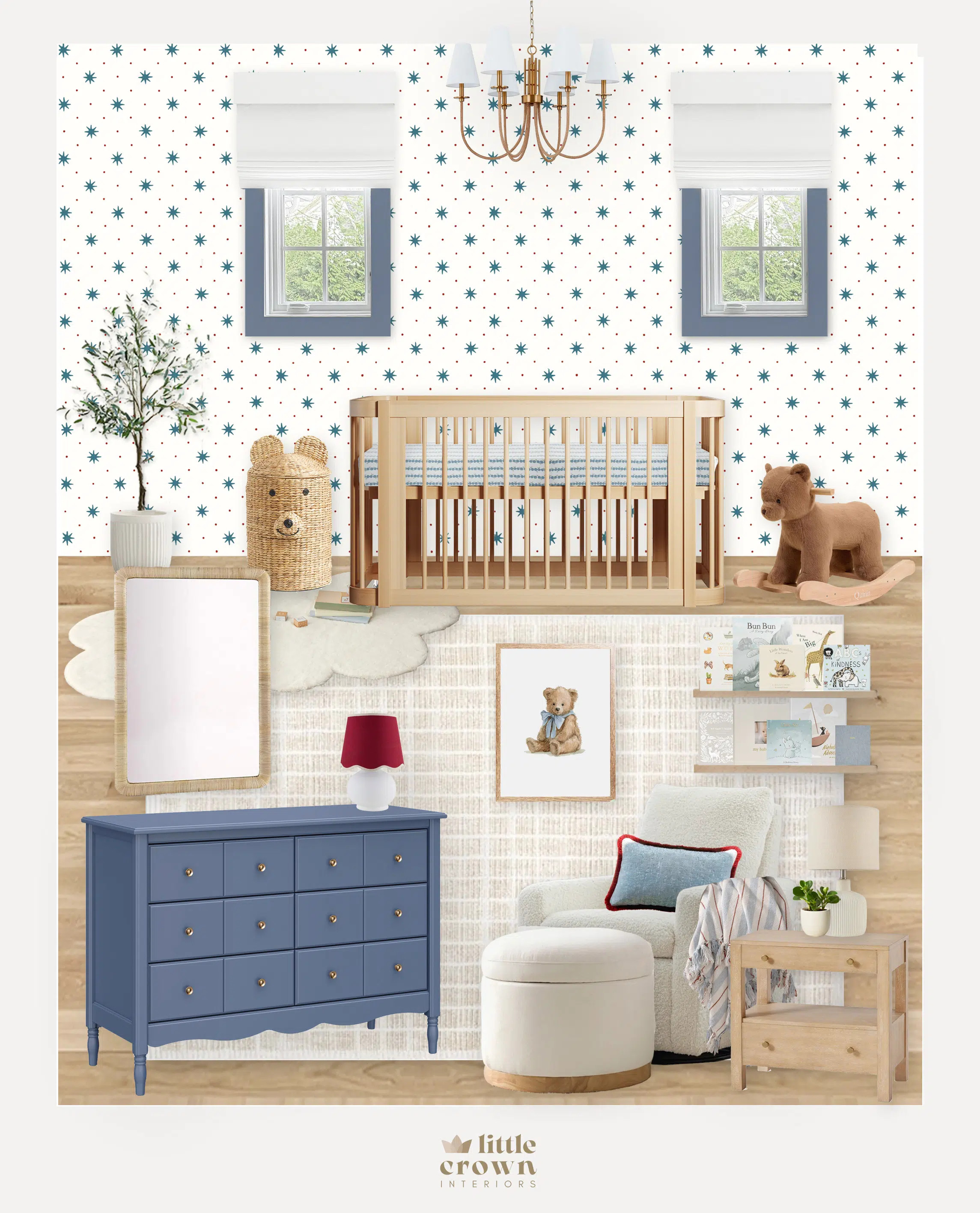 There have been two main nursery design trends I’ve been seeing so much of for 2026. One of them is a more traditional "preppy" look.⁠
⁠
I worked with this client previously on her son’s coastal bedroom and her daughter’s floral nursery. For the new baby, she wanted a more preppy aesthetic with a blue and red star wallpaper she was in love with.⁠
⁠⁠
See more of this room on the blog! www.littlecrowninteriors.com.

Design by Little Crown Interiors 

 #LTKHome #LTKBaby #LTKBump