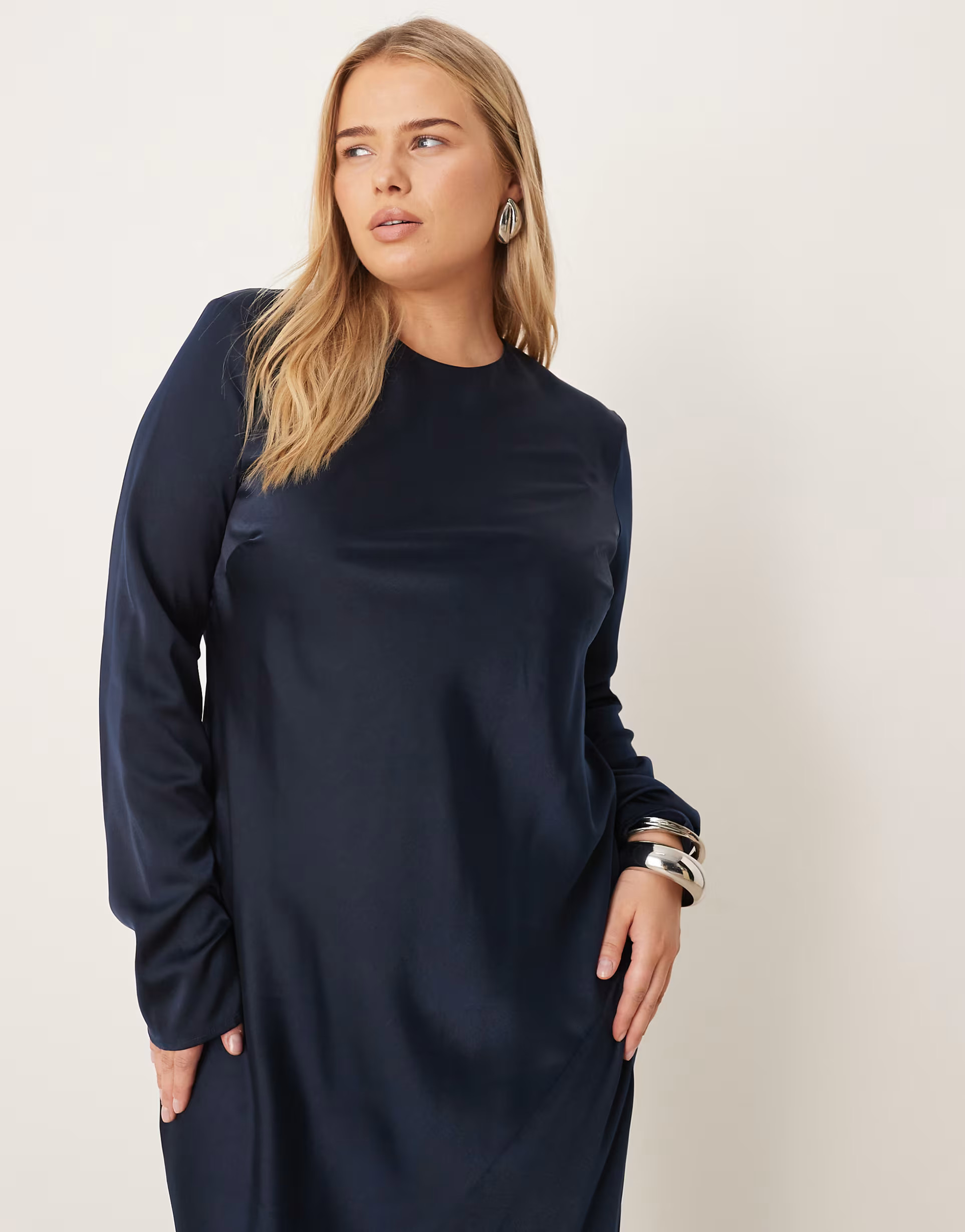 ASOS DESIGN Curve seamed matt satin slip maxi dress in deep navy | ASOS (Global)