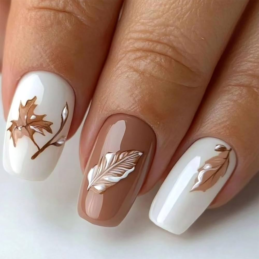 Fall Maple Leaf Press on Nails Medium Square Thanksgiving Fake Nails Glossy Maple Leaves Acrylic ... | Amazon (US)