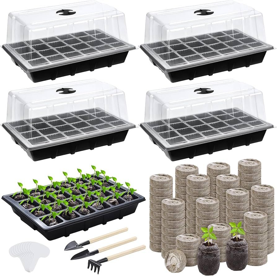 4 Sets Seed Starter Tray Kit Germination Starter Tray with Humidity Dome and Base Include 100 Pea... | Amazon (US)