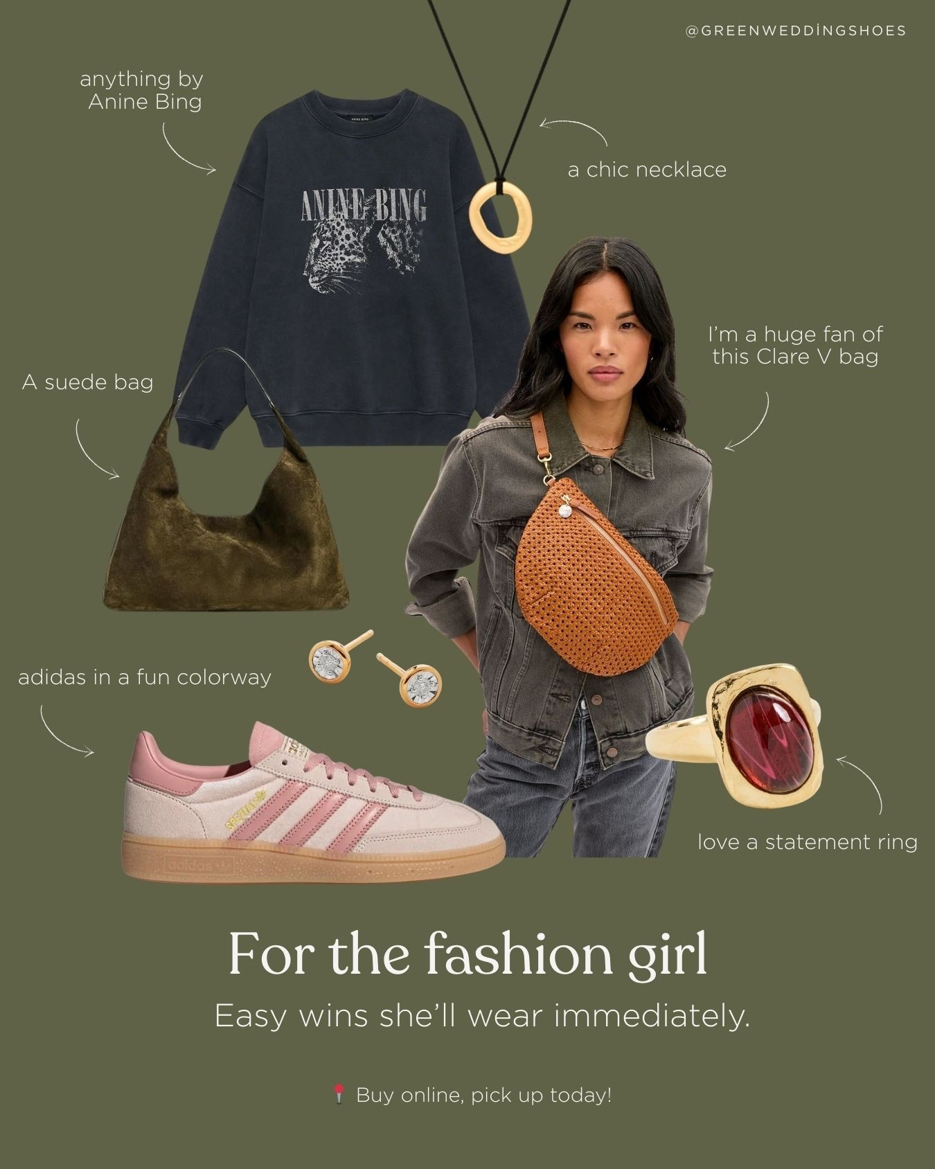 Last Minute Gift Ideas for Her. Anything by Anine Bing - I personally LOVE her sweatshirts and would love another. A Clare V Fanny bag and suede bag are my two current favorite bags. A statement ring or necklace is always a yes — along with a pair of Adidas in a fun colorway.

#LTKHoliday #LTKGiftGuide