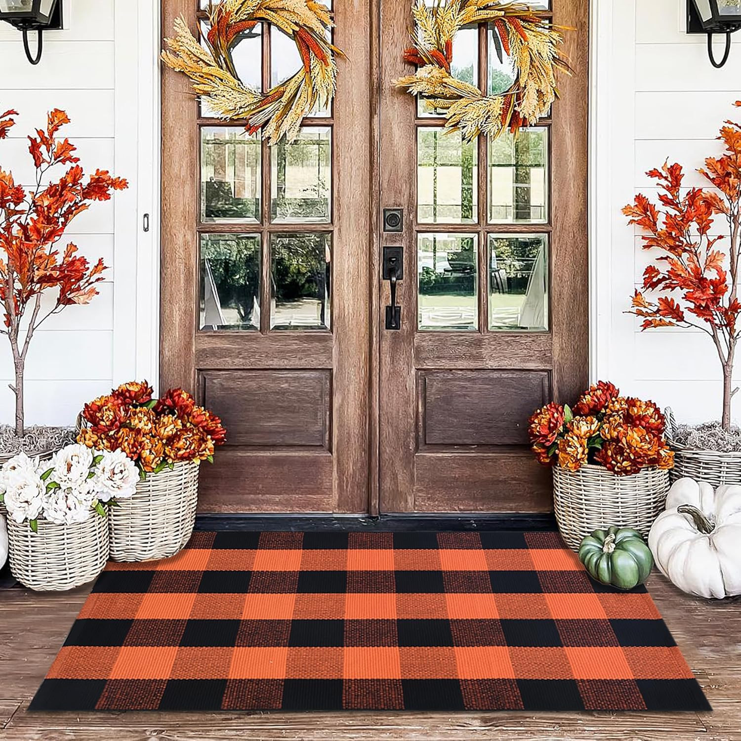 Orange and Black Plaid Rug, 28'' x 43'' Fall Outdoor Front Door Decor Mat, Cotton Washable Hand-Woven Rug for Layered Doormat, Autumn Halloween Thanksgiving Carpet for Porch, Entryway | Amazon (US)
