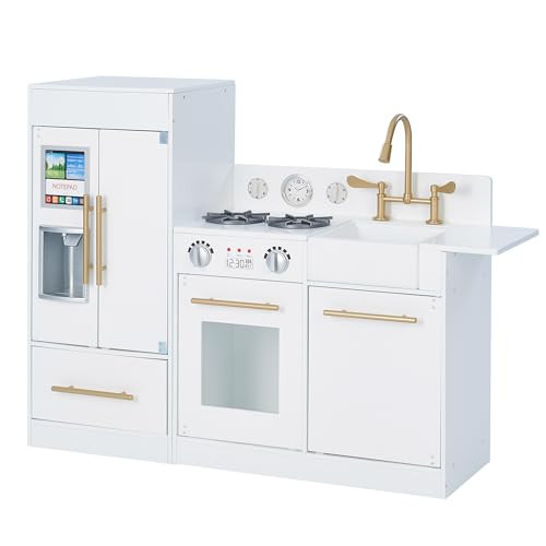 Teamson Kids Little Chef Charlotte Modern Modular Interactive Wooden Play Kitchen with Refrigerator, Stove and Sink in White with Gold Finishes | Amazon (US)