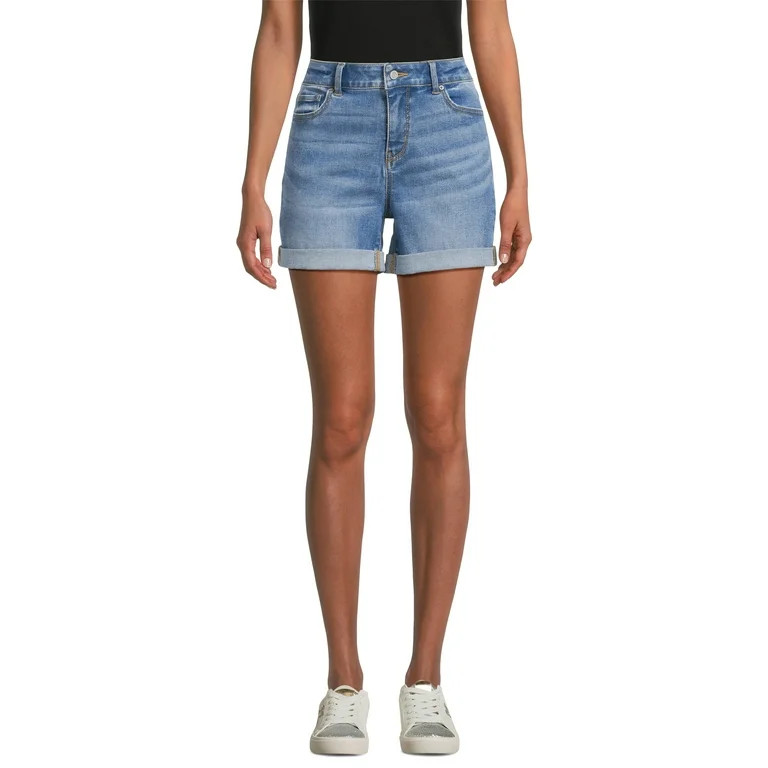 Time and Tru Women's Mid-Rise Double Roll Denim Shorts, 4" Inseam, Sizes 2-20 | Walmart (US)