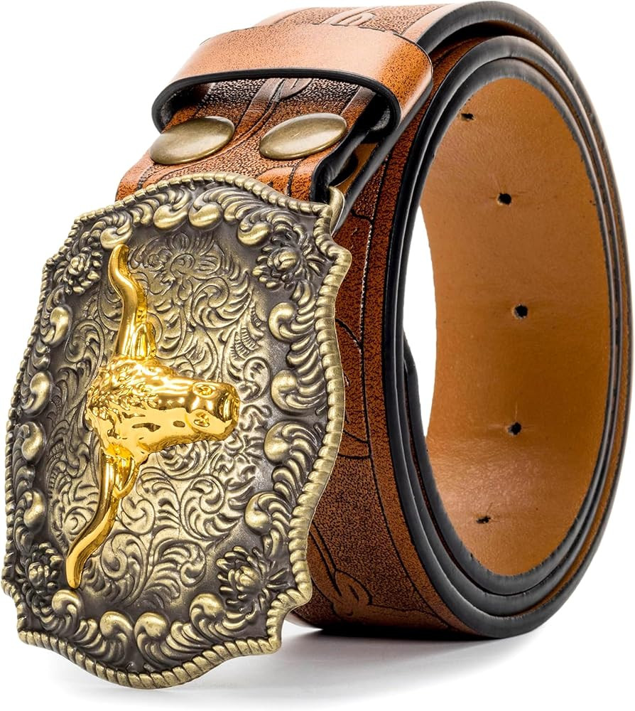 Western Cowboy-Belts for Men Big-Buckle Longhorn-Bull PU-Leather Rodeo Cowgirl-Belt Engraved Flor... | Amazon (US)