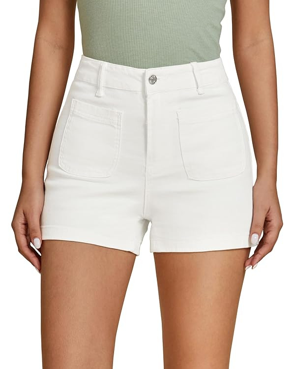 luvamia Jean Shorts for Women High Waisted Trendy Flat Pockets Cutoff Stretchy Denim Shorts Casua... | Amazon (US)
