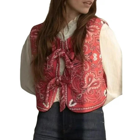 Rdhnmea Women s Fall Waistcoat Retro Paisley Print Bow Tie Front Slim Vest | Walmart (US)