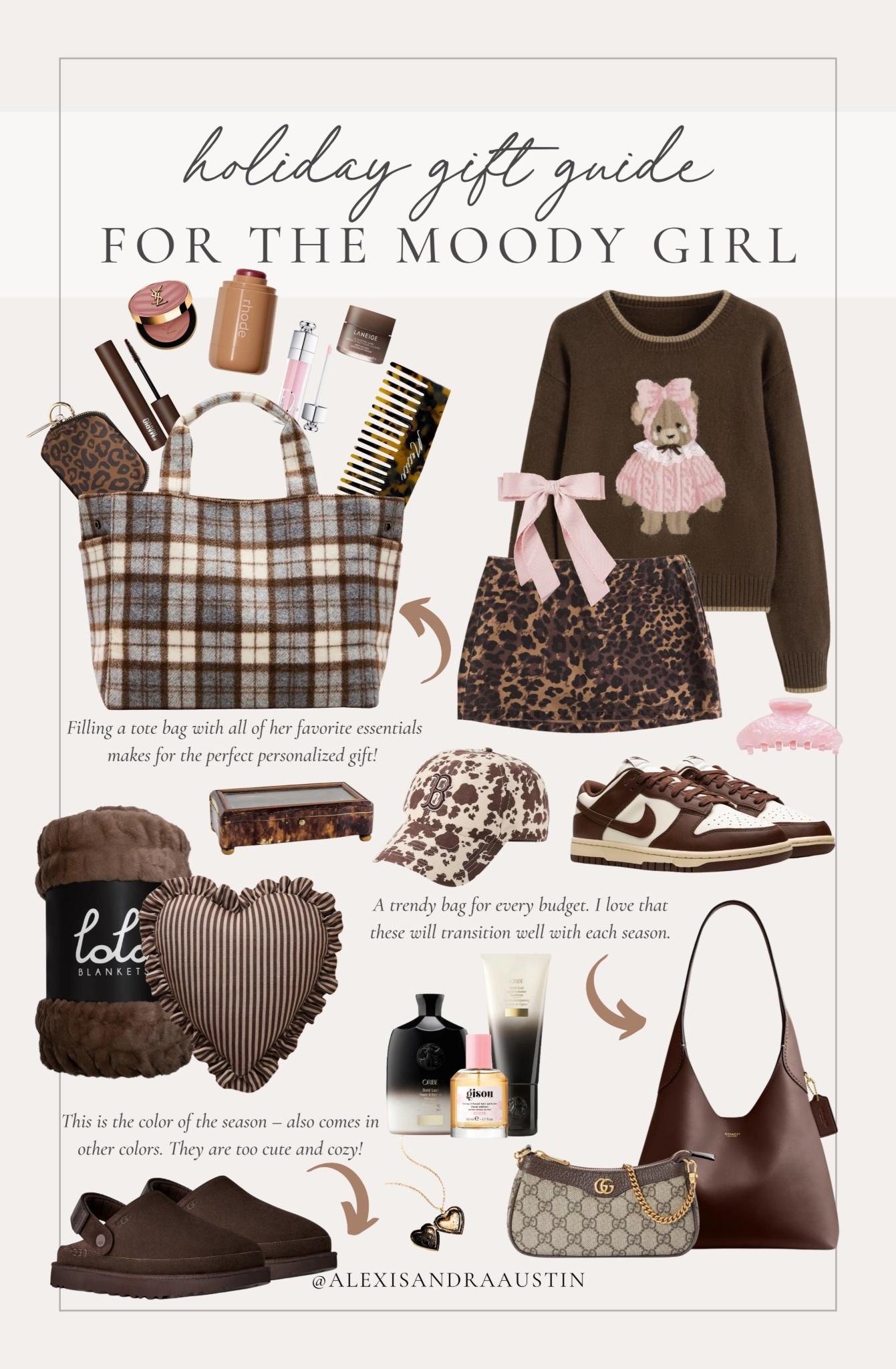 Gift guide for the moody girl! Gifting favorites with the perfect moody tones - from outfit inspo to great stuffers for the moody, trendy girl in your life. 

Holiday gift guide, for the moody girl, trendy gift guide, stocking stuffers, trendy outfit, moody bag, cozy blanket, self care gift, neutral sneaker, oversized bag, Sephora, Nike, Etsy, Lola, Revolve, Oribe, moody style, gift guide for her, shop the look!

#LTKGiftGuide #LTKHoliday #LTKSeasonal