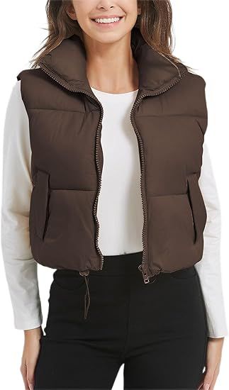 Flygo Puffer Vest Women Cropped Vest Zip Up Stand Collar Sleeveless Padded Winter Down Jacket | Amazon (US)