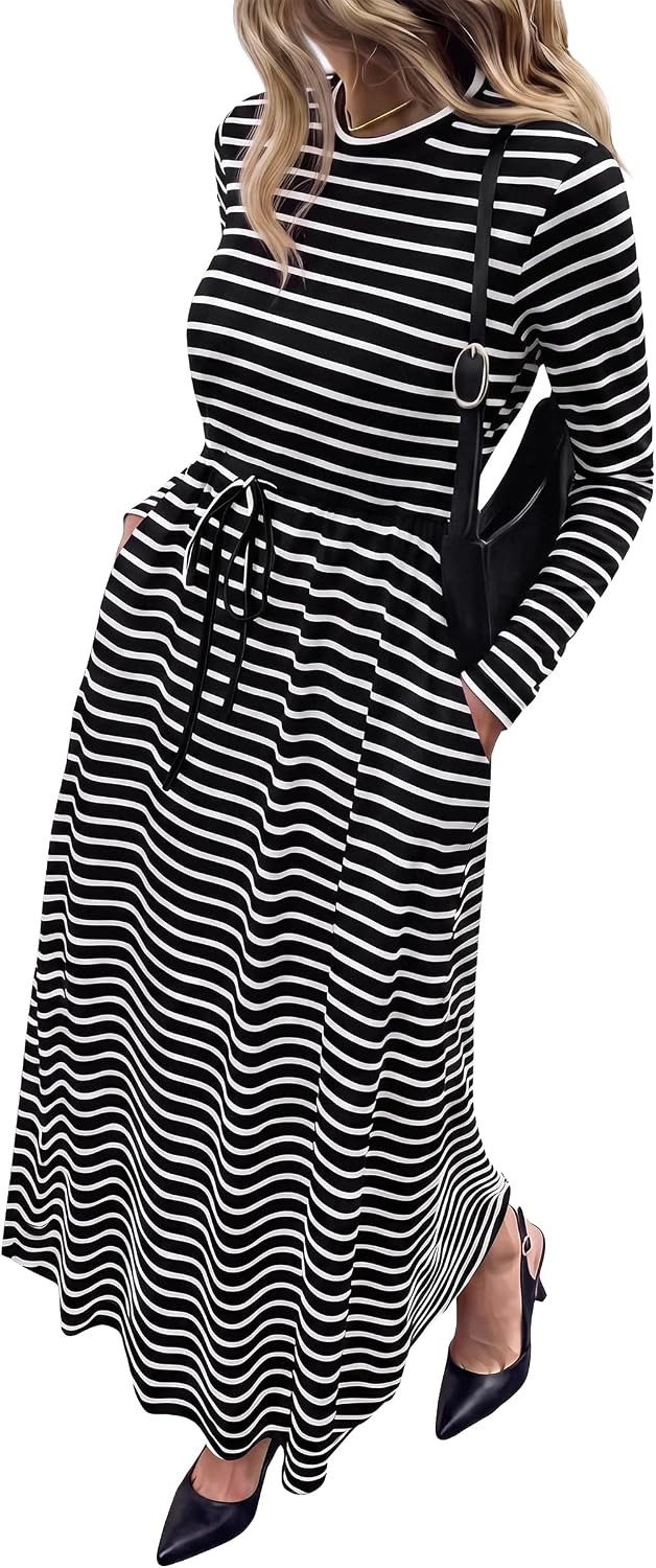 NALANISA Long Sleeve Maxi Dresses for Women Fall Casual Loose Striped Dress | Amazon (US)