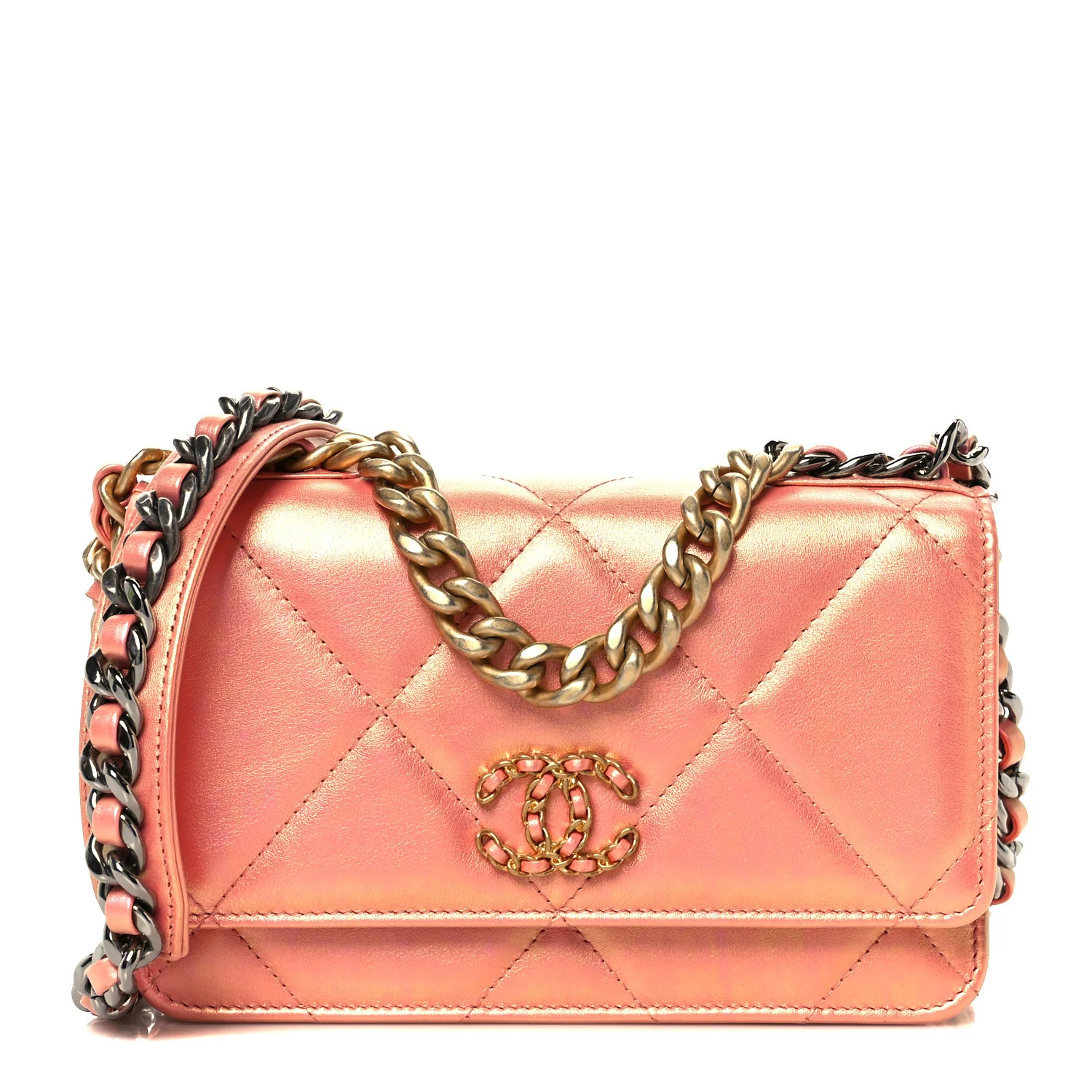 Iridescent Calfskin Quilted Chanel 19 Wallet On Chain WOC Pink | FASHIONPHILE (US)