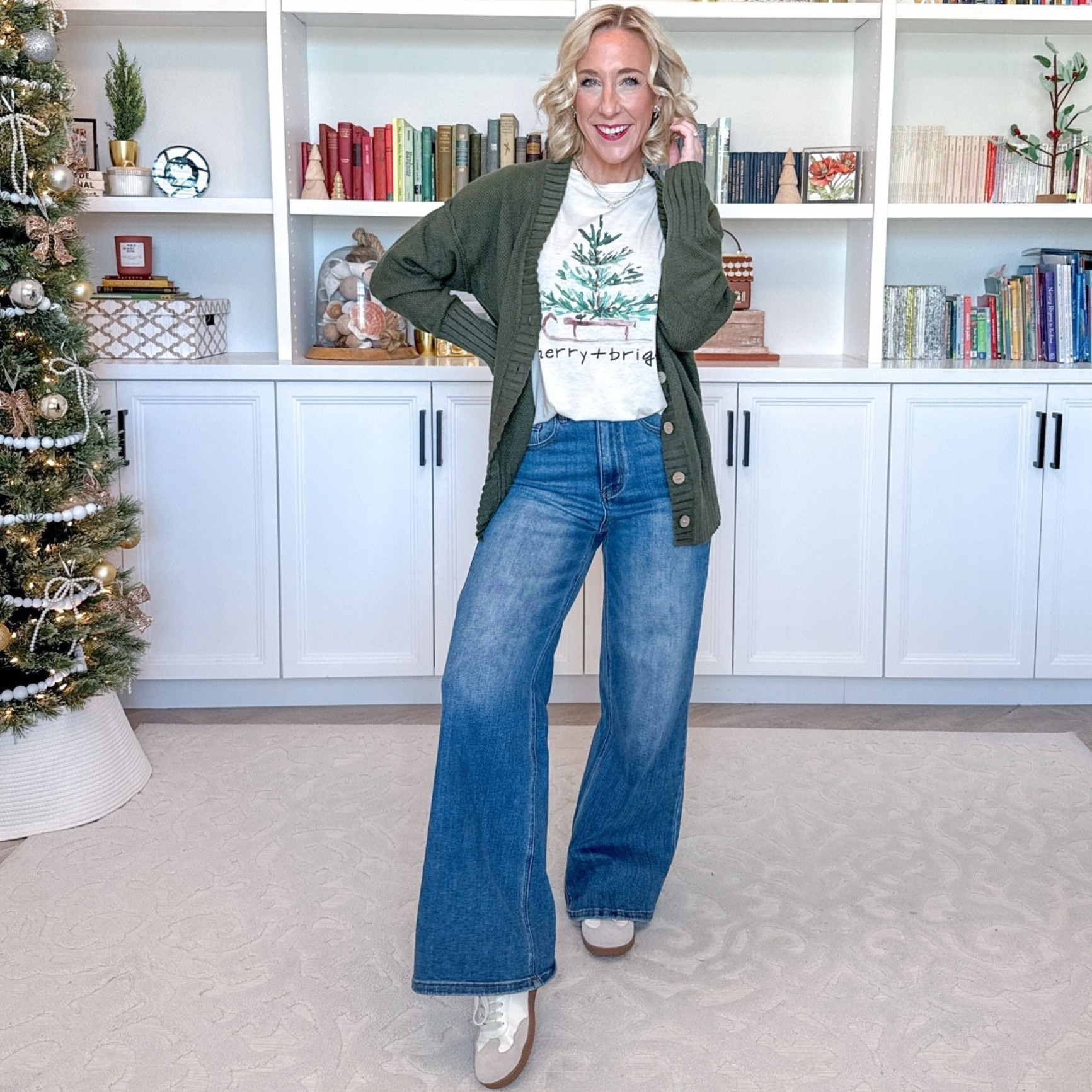 Amazon; holiday graphic tees
 
• Wide leg jeans - size 25. 1. Tree ‘Merry + Bright’ Tee - size small. Cardigan is old but I’m linking similar. 

 

#LTKHoliday #LTKSeasonal #LTKFindsUnder50