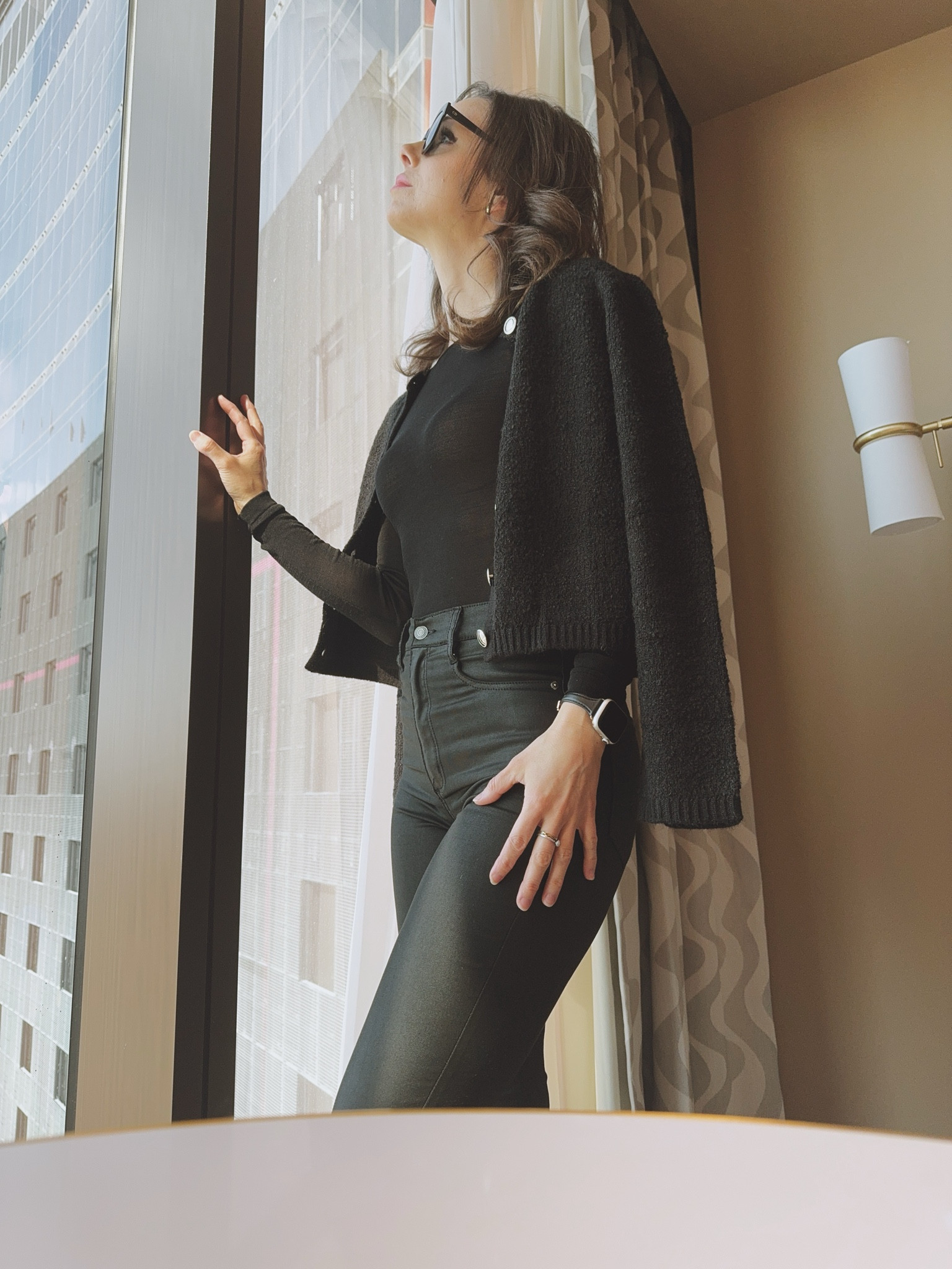 All Black Outfit. 
Black sheer top. Faux leather pants. Coated black pants. Black Boucle Cardigan. Black Sunglasses. 

#LTKStyleTip #LTKOver40