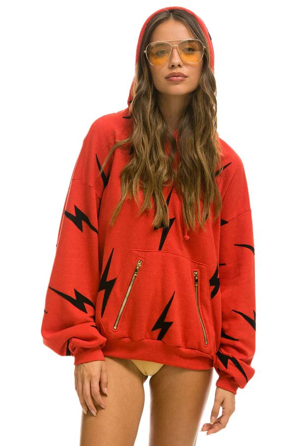 BOLT STITCH REPEAT RELAXED PULLOVER HOODIE WITH POCKET ZIPPERS - RED // BLACK | Aviator Nation