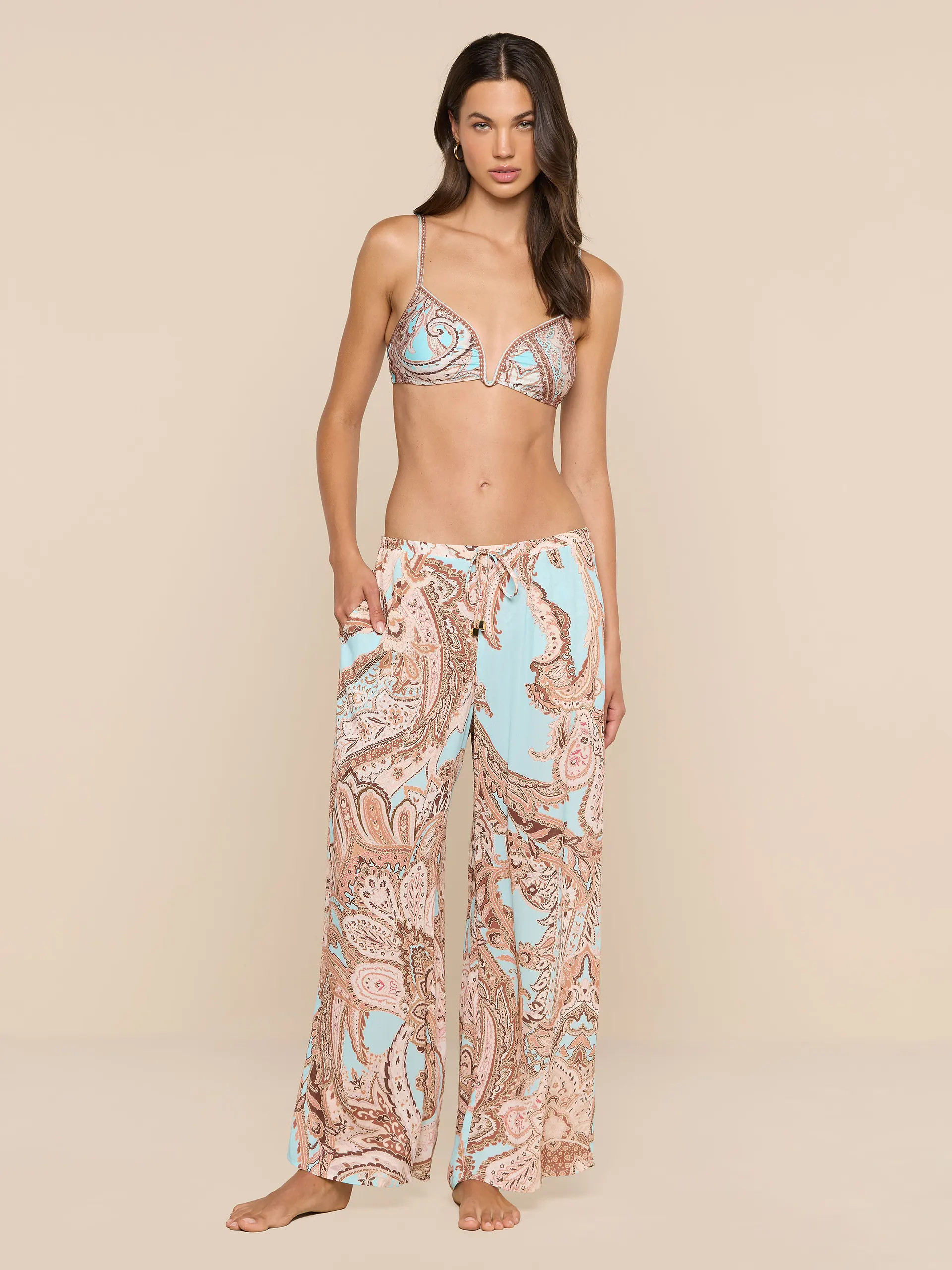 Geraldine Cover-Up Pant in Brown/Ice Blue Paisley | L'AGENCE | L'Agence