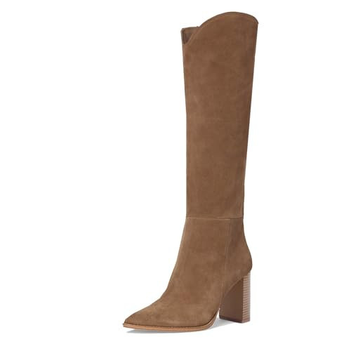 ZJGZF Suede Brown Knee High Boots for Women, Comfortable Chunky High Heel Pointed Toe Wide Calf Leather Tall Boots with Side Zip | Amazon (US)
