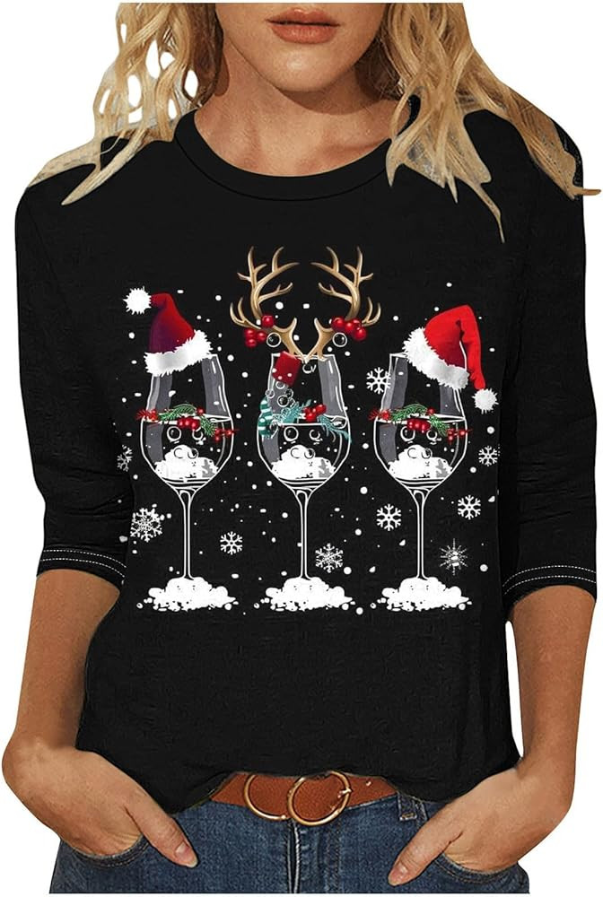 Christmas Shirts for Women 2025 Glitter Christmas Tree Sweater 3/4 Sleeve Vintage Xmas Tops Festi... | Amazon (US)