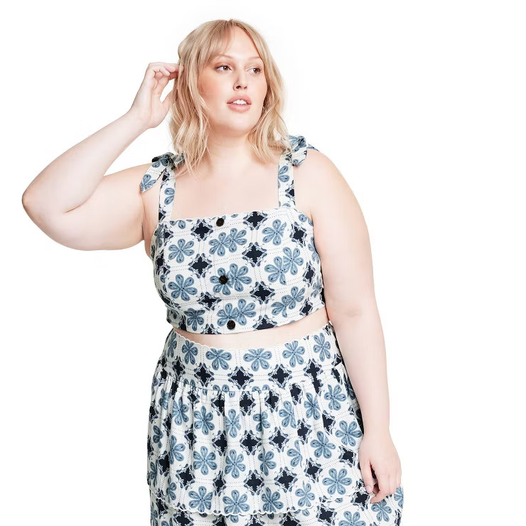 Women's Coral Tile Print Button-Front Tank Top - Agua Bendita x Target Cream/Navy Blue | Target