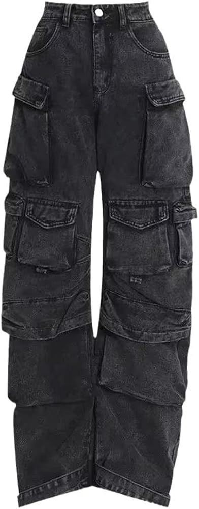 Women's Denim Cargo Long Pants Wide Leg High Waist Button Pocket Straight Trouser for Women | Amazon (US)