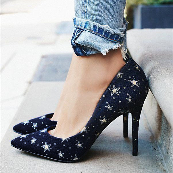 Women's Stars Navy Blue Heels Pointed Toe stiletto Heel Pumps | FSJshoes