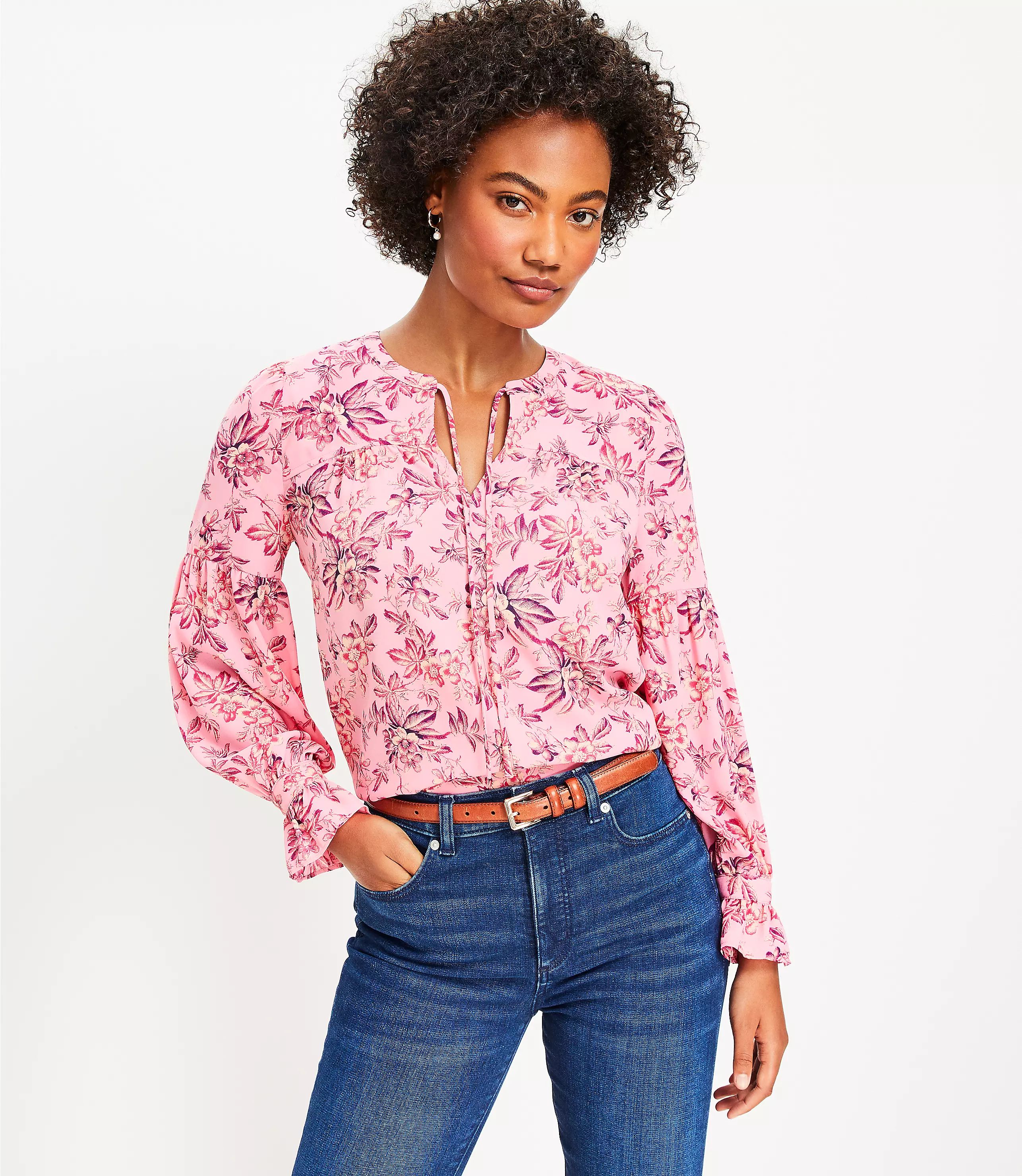 Vine Ruffle Cuff Tie Neck Blouse | LOFT