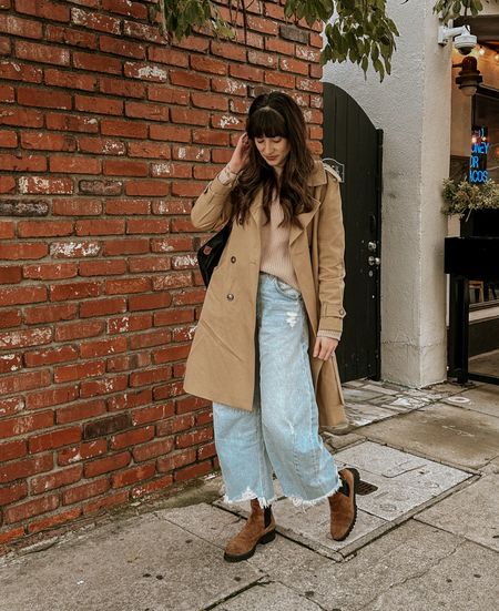 Rainy day outfit - sezane trench coat, Freda Salvador all weather boots. With Jenni Kayne cotton fisherman sweater and citizens of humanity horseshoe jeans  

#LTKshoecrush