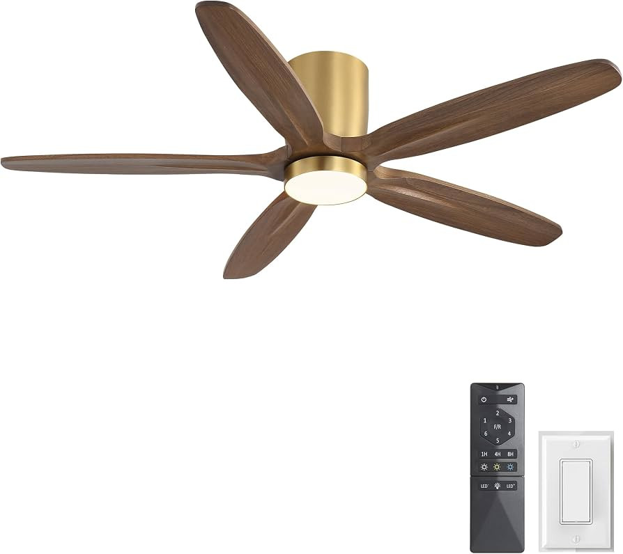 WINGBO 54" Flush Mount Ceiling Fan with Light - 5 Carved Solid Wood Blades, 6-Speed Reversible DC... | Amazon (US)