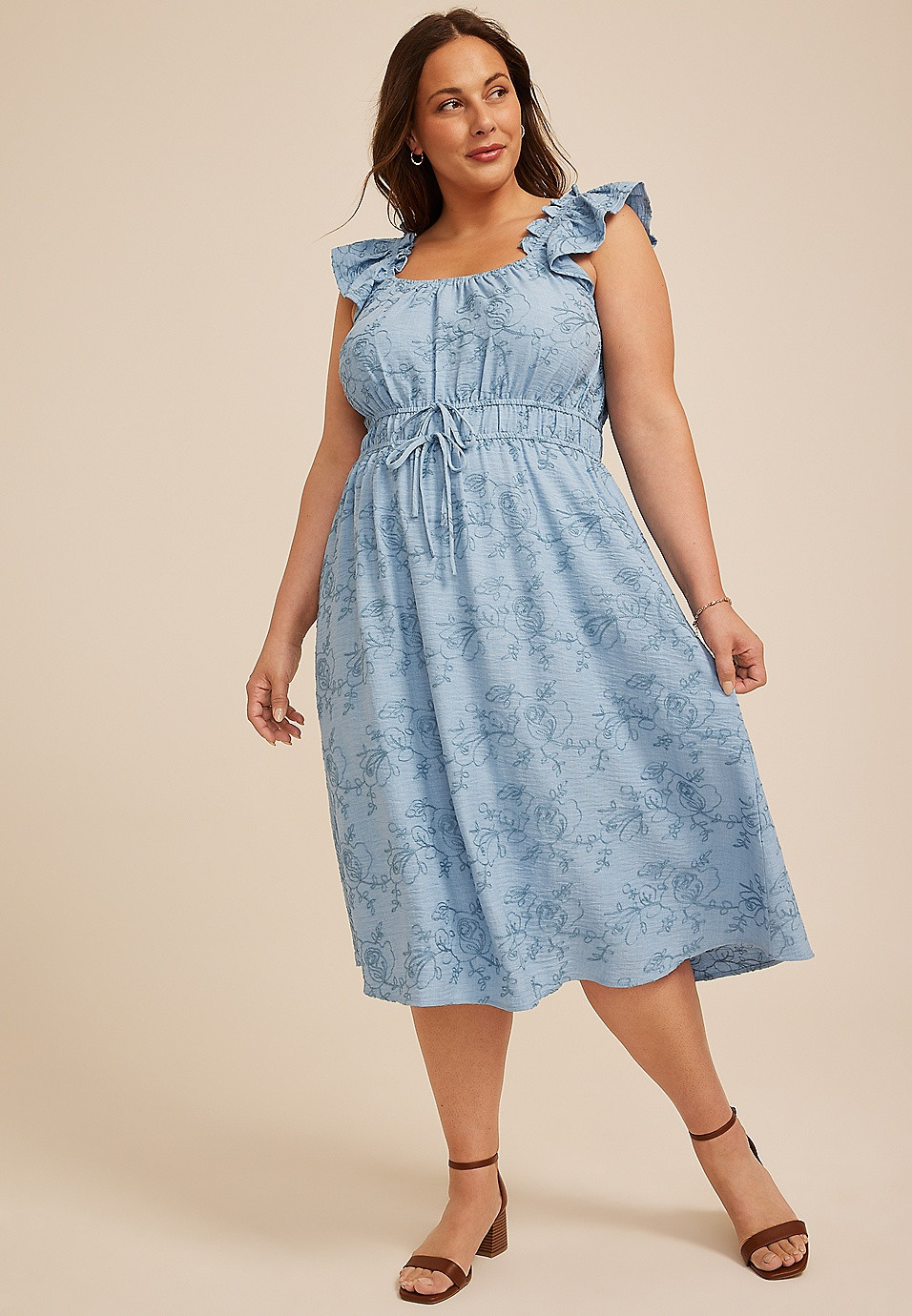 Plus Size Chambray Embroidered Floral Micro Flutter Midi Dress | Maurices