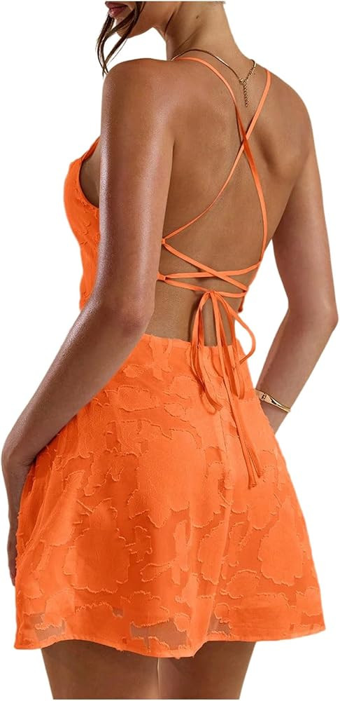 SweatyRocks Women's Summer Crisscross Backless Dress Spaghetti Strap Cowl Neck A Line Beach Mini ... | Amazon (US)