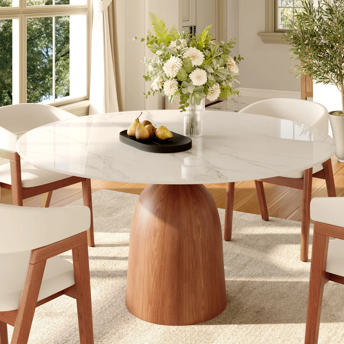 Modern Round Dining Table with Hourglass-Shaped Pedestal Solid Wood Base & Sintered Stone Top for... | Wayfair North America