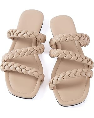 Mtzyoa Women's Sandals Casual Braided Dressy Summer Square Toe Quilted Flat Sandals | Amazon (US)