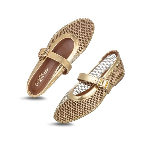 EMMA NEW YORK Mesh Ballet Flats for Women, Mary Jane Mesh Ballet Flats Shoes for Women with Buckle Strap (Gold, 7.5) | Amazon (US)