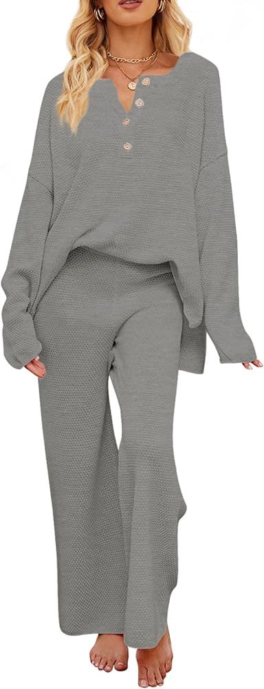 MEROKEETY Women's 2 Piece Outfit Sets Long Sleeve Button Knit Pullover Sweater and Pants Lounge S... | Amazon (US)